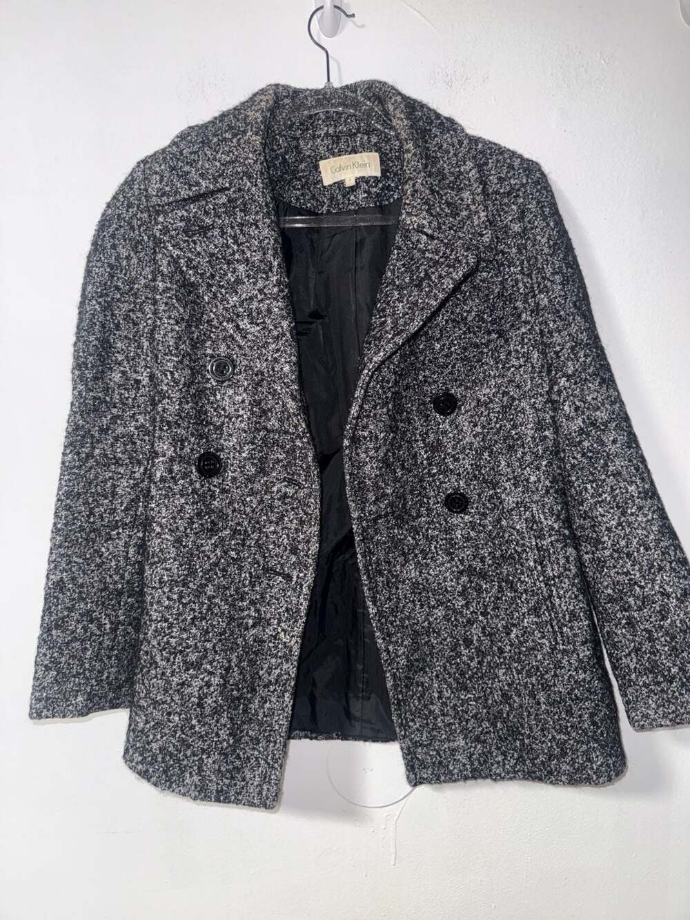 Calvin Klein Black and White Speckled Wool Blend Double Breasted Peacoat Jacket